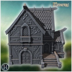 Haunted house with steep tiled roofs, wooden balconies, and intricate stone details on walls (14)