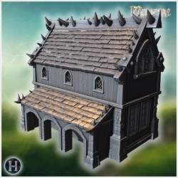 Gothic house with horned roofline, wooden walls, pointed windows, and steep entrance staircase (18)