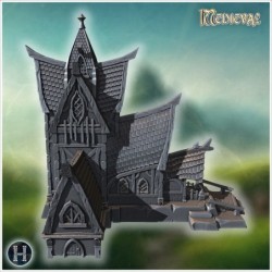 Spooky gothic mansion with tall spires, complex roofline, and elaborate stained-glass windows (20)