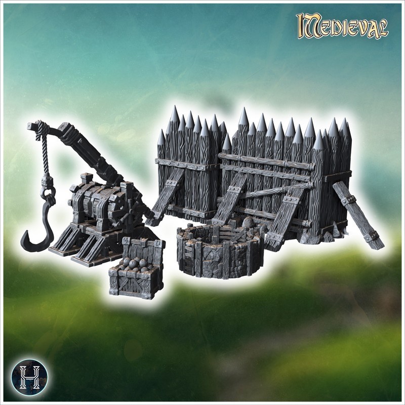 Wooden medieval crane with hook, wooden barricade, stone well, and wooden crate of cannonballs (8)