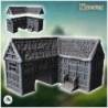 Medieval half-timbered building on stone platform with large archway and railed staircase (24)