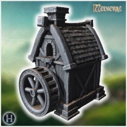 Watermill with large wooden wheel, stone foundation, shingled roof, and detailed wooden supports (27)