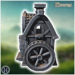 Watermill with large wooden wheel, stone foundation, shingled roof, and detailed wooden supports (27)