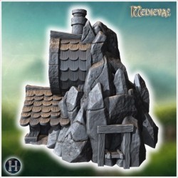 Large round stone forge integrated into a rocky cliff with detailed shingled roof and chimney (28)