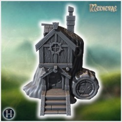 Fantasy treehouse with wooden stairs, circular door, carved details, and a large hollow tree trunk (30)