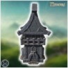 Tall wooden watchtower with stone base, curved roof, fortified railing, and arched entryway (32)