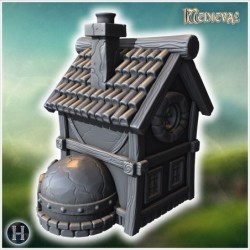 Medieval stone house with round chimney, circular window, and detailed tiled roof (33)