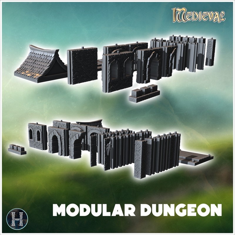 Modular dungeon set with stone walls, archways, floors, and decorative medieval architectural elements (35)