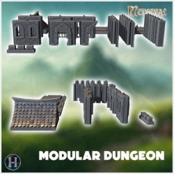 Modular dungeon set with stone walls, archways, floors, and decorative medieval architectural elements (35)