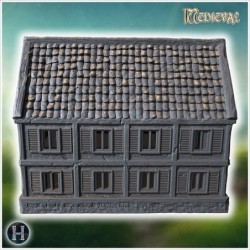 Large medieval house with wooden balconies, stone foundation, and a detailed roof structure (50)