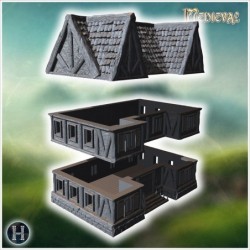 Large medieval house with wooden balconies, stone foundation, and a detailed roof structure (50)