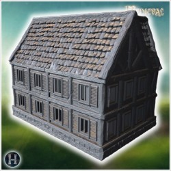 Large medieval house with wooden balconies, stone foundation, and a detailed roof structure (50)