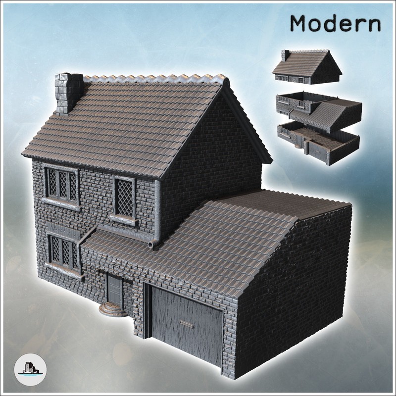 Modern house with tiled roof, stone walls and large garage door (5)