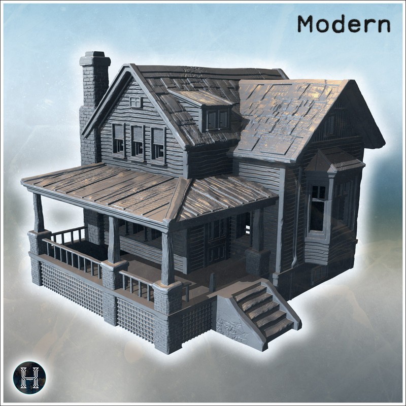 Old wooden house with a large porch, chimney, cracked walls, and weathered roof shingles (10)