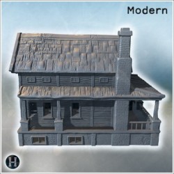 Old wooden house with a large porch, chimney, cracked walls, and weathered roof shingles (10)