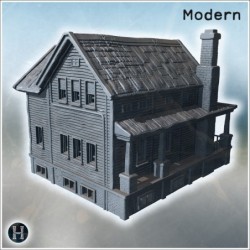 Old wooden house with a large porch, chimney, cracked walls, and weathered roof shingles (10)