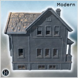 Old wooden house with a large porch, chimney, cracked walls, and weathered roof shingles (10)