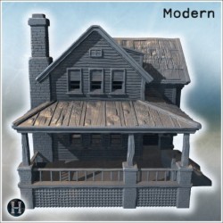 Old wooden house with a large porch, chimney, cracked walls, and weathered roof shingles (10)