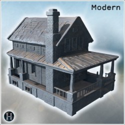 Old wooden house with a large porch, chimney, cracked walls, and weathered roof shingles (10)