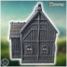 Medieval wooden house with steep roof, wooden porch, and detailed timber construction on walls (15)