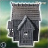 Medieval wooden house with steep roof, wooden porch, and detailed timber construction on walls (15)