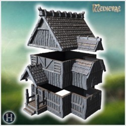 Medieval wooden house with steep roof, wooden porch, and detailed timber construction on walls (15)