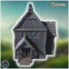 Medieval wooden house with steep roof, wooden porch, and detailed timber construction on walls (15)