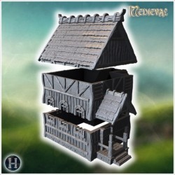 Medieval wooden house with steep roof, wooden porch, and detailed timber construction on walls (15)