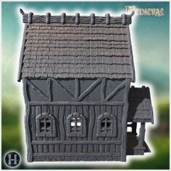 Medieval wooden house with steep roof, wooden porch, and detailed timber construction on walls (15)