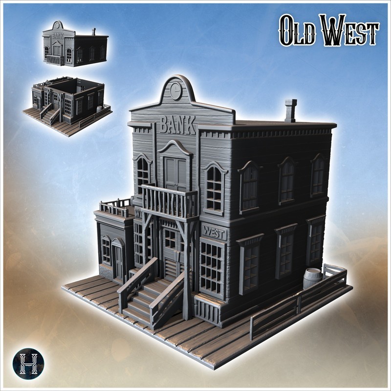 Banque western en planches de bois avec escalier d'accès et balcon latéral (2)