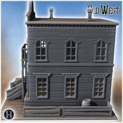 Banque western en planches de bois avec escalier d'accès et balcon latéral (2)