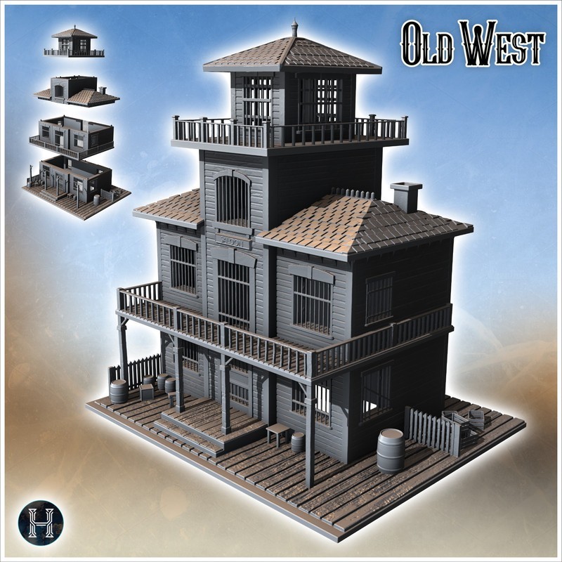 Western saloon with awning entrance, tiered balcony, tile roof and accessories (3)