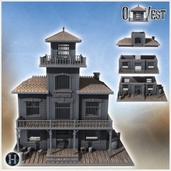 Western saloon with awning entrance, tiered balcony, tile roof and accessories (3)