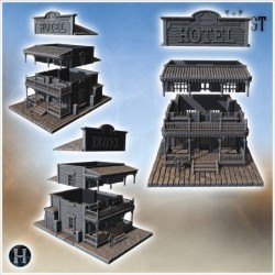 Three-story wooden hotel with balconies, intricate wooden columns, and detailed facade (5)