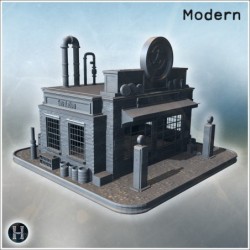 Vintage gas station with two pumps, brick facade, pipes on the roof, and barrels outside (16)