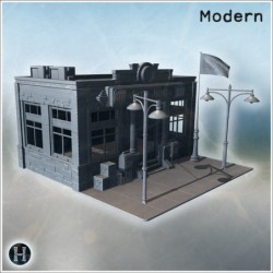 Classic police station with large pillars, streetlights, flag, and a wide entrance staircase (17)