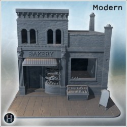 Bakery storefront with window display, brick walls, trash bin, and a wooden A-frame sign (18)