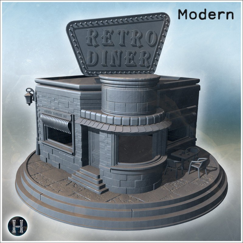 Vintage-style diner with a large rooftop sign, steps leading to a curved doorway (20)