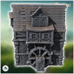 Medieval half-timbered stone mill with water wheel and hipped dormer window (38)