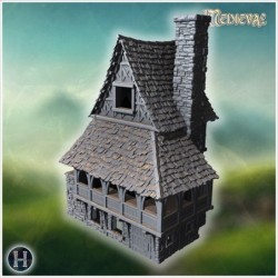 Large medieval house with steep roofs, timber framing, and stone walls with intricate details (44)