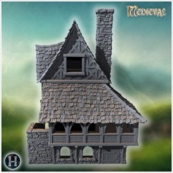 Large medieval house with steep roofs, timber framing, and stone walls with intricate details (44)