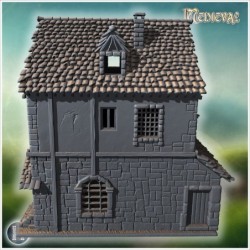 Square medieval house with symmetrical windows, wooden shutters, and small entrance staircase (52)