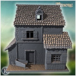 Square medieval house with symmetrical windows, wooden shutters, and small entrance staircase (52)