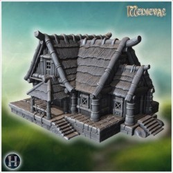 Rustic wooden house with overlapping roof shingles, thick wooden beams, and carved pillars (53)