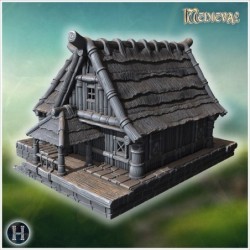 Rustic wooden house with overlapping roof shingles, thick wooden beams, and carved pillars (53)