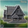 Rustic wooden house with overlapping roof shingles, thick wooden beams, and carved pillars (53)