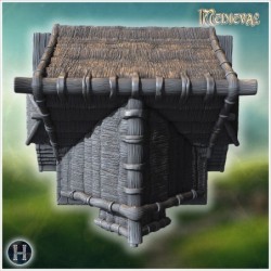 Rustic wooden house with overlapping roof shingles, thick wooden beams, and carved pillars (53)