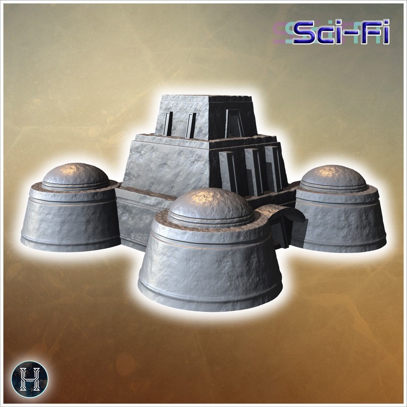 Sci-Fi fortress with four large domes, central entrance, and reinforced stone walls (2)