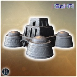 Sci-Fi fortress with four large domes, central entrance, and reinforced stone walls (2)