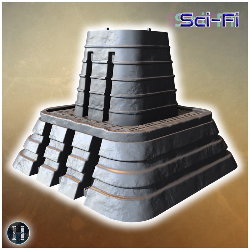 Pyramid-like fortress with tiered structure, vertical columns, and a fortified platform (4)